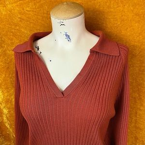 Lane Bryant Burnt Orange V-Neck Sweater Blouse with Collar
